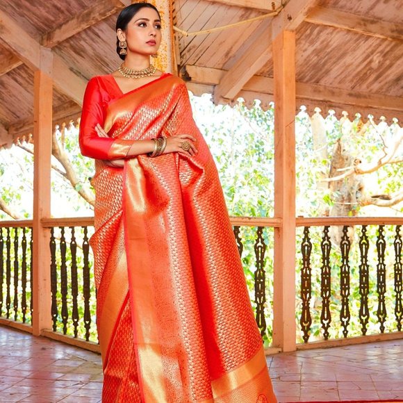 JHEAPS DARK ORANGE SOFT KANJIVARAM SILK WOVEN GORGEOUS DESIGNER SAREE - Picture 1 of 3